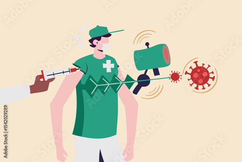Coronavirus COVID-19 vaccine research and test or treatment concept, doctor holding syringe of COVID-19 vaccine planting on patient with magic hand holding hammer eliminating virus pathogen.