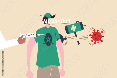 Coronavirus COVID-19 vaccine research and test or treatment concept, doctor holding syringe of COVID-19 vaccine planting on patient with magic hand holding hammer eliminating virus pathogen.