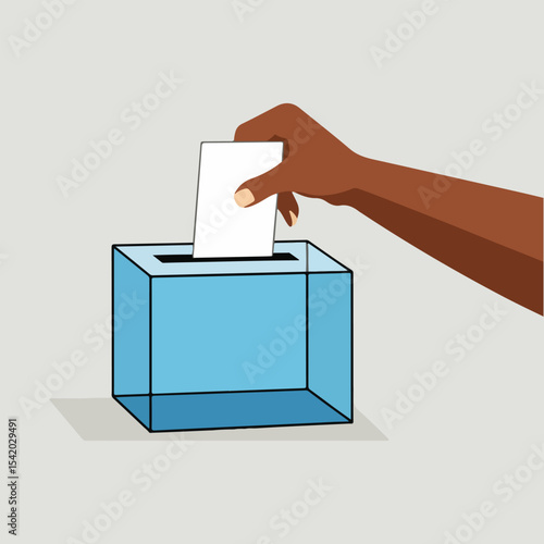 Democracy vector design with transparent ballot box, raised hands crowd, megaphone speech bubbles, and stylized flag symbolizing national pride and democratic values in solid color style.