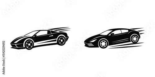 Simple portrayal of a fast sports car gliding along highway Silhouette on White Background
