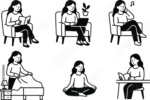 Girl character spends time at home. Home life and leisure set. Vector flat illustration
