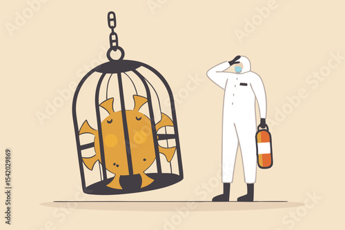 Coronavirus COVID-19 lockdown or quarantine, restricted access to country combat with COVID-19 virus outbreak concept, medical worker full protective gear with key after locked virus pathogen in cage