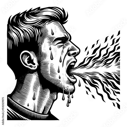 Fire out from mouth sketch engraving black and white outline. Scratch board imitation.