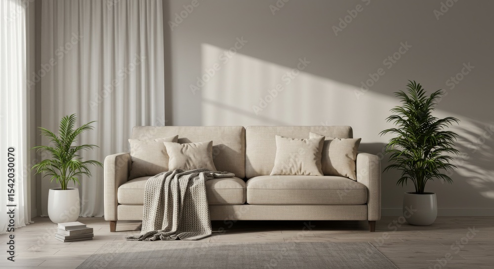 Naklejka premium Minimalist living room with a beige sofa, soft throw blanket, and indoor plants.