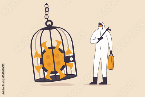 Coronavirus COVID-19 lockdown or quarantine, restricted access to country combat with COVID-19 virus outbreak concept, medical worker full protective gear with key after locked virus pathogen in cage