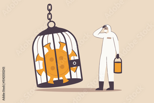 Coronavirus COVID-19 lockdown or quarantine, restricted access to country combat with COVID-19 virus outbreak concept, medical worker full protective gear with key after locked virus pathogen in cage