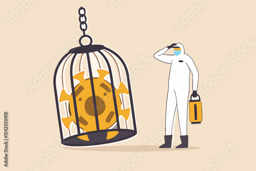 Coronavirus COVID-19 lockdown or quarantine, restricted access to country combat with COVID-19 virus outbreak concept, medical worker full protective gear with key after locked virus pathogen in cage