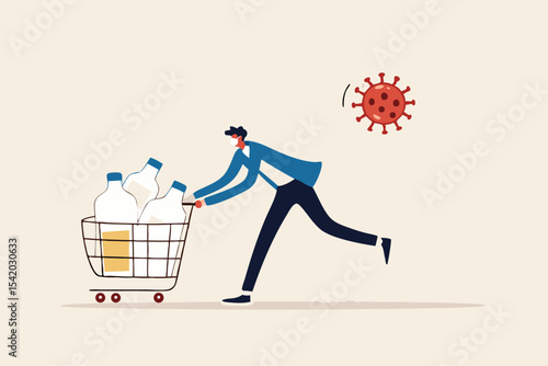 Panic buy in COVID-19 Coronavirus outbreak crisis, people hoarding on curfew and lockdown concept, panic man running in fear with full of goods, medicine, tissues in shopping cart with virus pathogen.