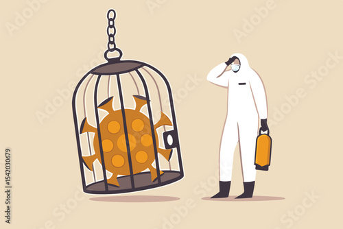 Coronavirus COVID-19 lockdown or quarantine, restricted access to country combat with COVID-19 virus outbreak concept, medical worker full protective gear with key after locked virus pathogen in cage