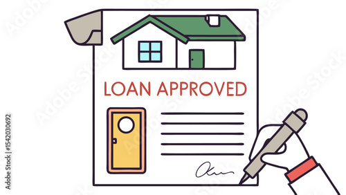 Illustration of an approved loan document with a house icon and a hand signing the paperwork on the sheet
