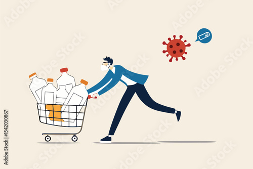 Panic buy in COVID-19 Coronavirus outbreak crisis, people hoarding on curfew and lockdown concept, panic man running in fear with full of goods, medicine, tissues in shopping cart with virus pathogen.
