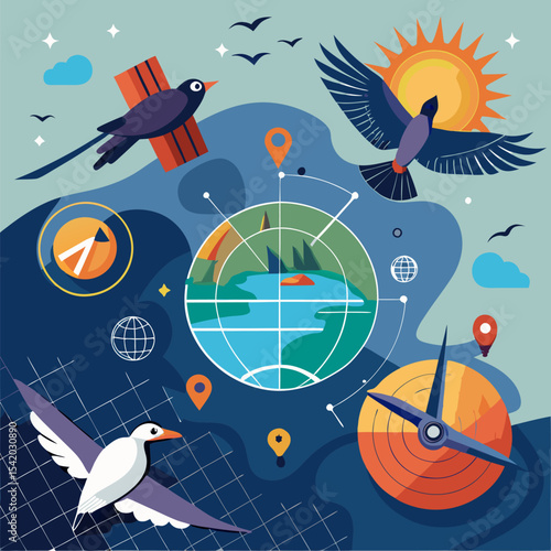 Animal Navigation and Migratory Bird Movement Research for Wildlife Study, Direction Patterns, Biological Tracking, Environmental Science, and Educational Illustration Projects