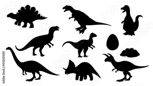 Vector illustration of dinosaur silhouette including Stegosaurus, Brontosaurus, Velociraptor, Triceratops, Tyrannosaurus rex