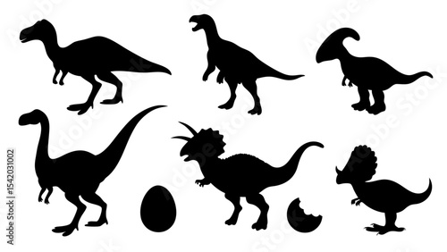Vector illustration of dinosaur silhouette including Stegosaurus, Brontosaurus, Velociraptor, Triceratops, Tyrannosaurus rex