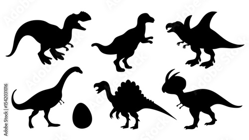 Vector illustration of dinosaur silhouette including Stegosaurus, Brontosaurus, Velociraptor, Triceratops, Tyrannosaurus rex