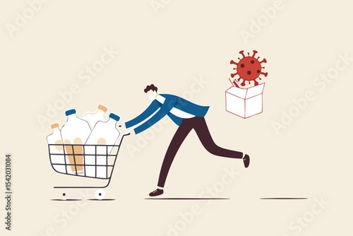 Panic buy in COVID-19 Coronavirus outbreak crisis, people hoarding on curfew and lockdown concept, panic man running in fear with full of goods, medicine, tissues in shopping cart with virus pathogen.
