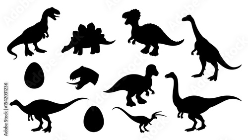 Vector illustration of dinosaur silhouette including Stegosaurus, Brontosaurus, Velociraptor, Triceratops, Tyrannosaurus rex