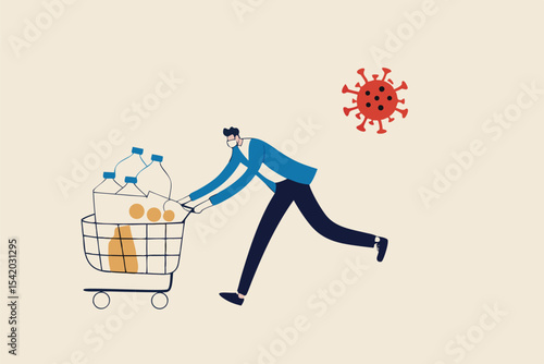 Panic buy in COVID-19 Coronavirus outbreak crisis, people hoarding on curfew and lockdown concept, panic man running in fear with full of goods, medicine, tissues in shopping cart with virus pathogen.