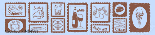 Summer vacation stamp vector print set. Hand drawn travel postage icons of crab, lobster, seashell, wine, ice cream, lemons, sardines, tile. Vintage Italy frame postcard. Wall art illustration.