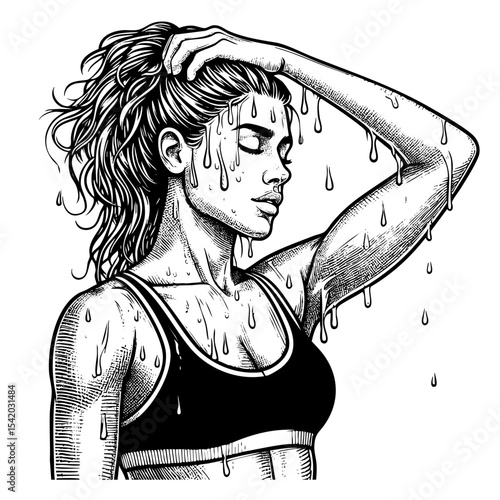 Woman sweating sketch engraving black and white outline. Scratch board imitation.  illustrated in vintage line art style on a white background.