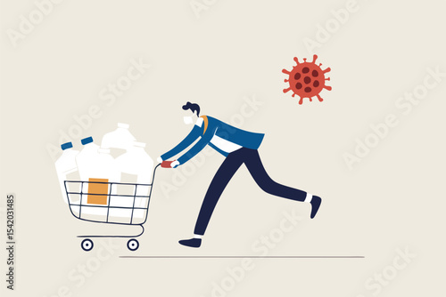 Panic buy in COVID-19 Coronavirus outbreak crisis, people hoarding on curfew and lockdown concept, panic man running in fear with full of goods, medicine, tissues in shopping cart with virus pathogen.