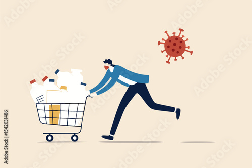 Panic buy in COVID-19 Coronavirus outbreak crisis, people hoarding on curfew and lockdown concept, panic man running in fear with full of goods, medicine, tissues in shopping cart with virus pathogen.