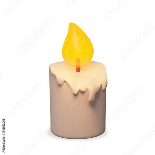 3D vector candle with soft glowing flame and wax drips. Three-dimensional holiday decor, religious events, birthdays, spa, meditation, or Halloween and celebration-themed designs.