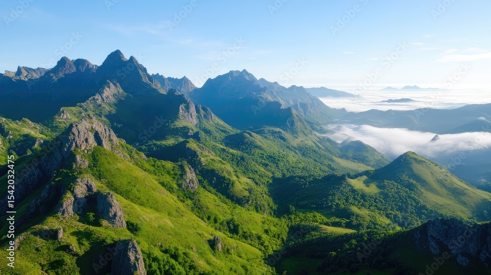 Fototapeta premium Panoramic view of a mountain range. Lush green valleys and peaks pierce a hazy sky