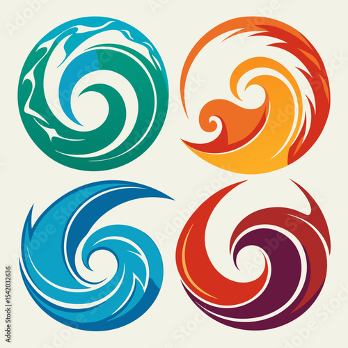 Artistic Wave Symbols Set, Abstract Ocean and Water Design Vector Illustration