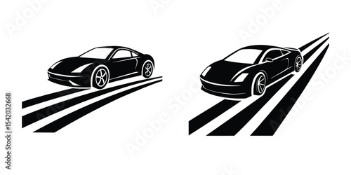 Simple portrayal of a fast sports car gliding along highway Silhouette on White Background
