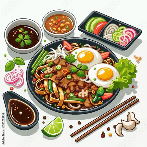 A stylized illustration of a noodle dish with eggs various toppings and dipping sauces