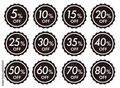 シンプルで使いやすい割引率別セールのオフバッジアイコンセット(クーポン セール 5% 10% 15% 20% 30% 50% 60% 70% 80%OFF ベクター 編集可能)