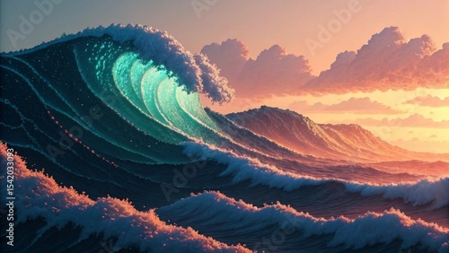 Glowing pixel waves with layered texture Vibrant ocean waves at sunset with colorful clouds in the background.