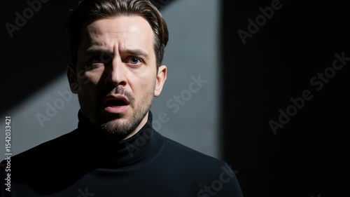 Caucasian adult man with shocking emotion expression. Male in dark room with cinematic light on his face. Dramatic moment and surprise concept footage.