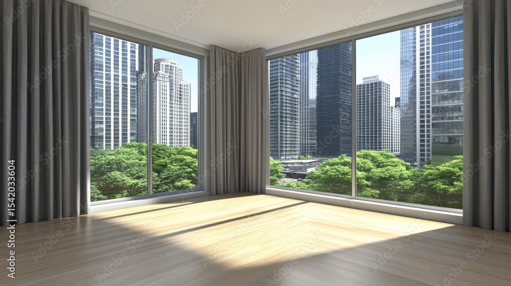 Fototapeta premium Bright and Modern Interior View of an Urban Apartment Overlooking a Scenic Cityscape with Lush Greenery and Tall Skyscrapers in the Background