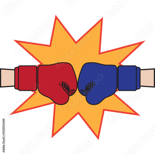 In the battle between red and blue, red gloves and blue gloves collide. Red vs Blue. Red and blue battle.