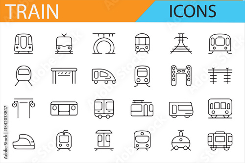 Complete Set of Rail Transport and Train Icons for Transportation