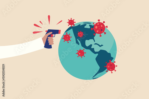 COVID-19 Coronavirus pandemic crisis in America, bad situation high cases and death in the US concept, hand holding infrared thermometer got high heat temperature on USA map on planet earth.