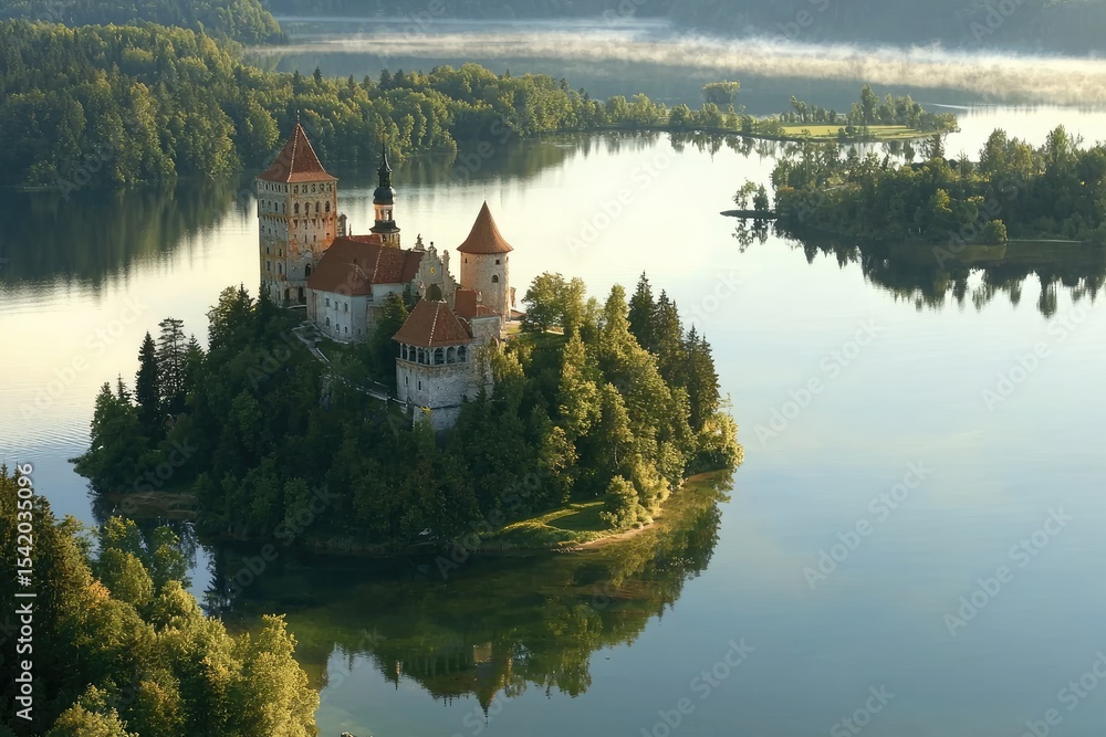 Fototapeta premium Picturesque island castle reflected in tranquil lake waters.