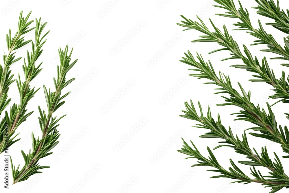 Fototapeta premium Green rosemary sprigs are artistically arranged on a bright white background, ideal for recipes