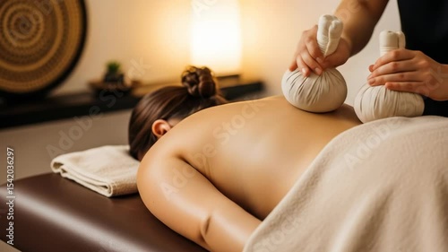 A woman receives an herbal compress massage with two white bags on her back to relax and for wellness therapy video footage.