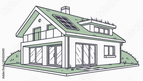 Illustration of a modern house with solar panels on the roof and a green roof extension, surrounded by grass