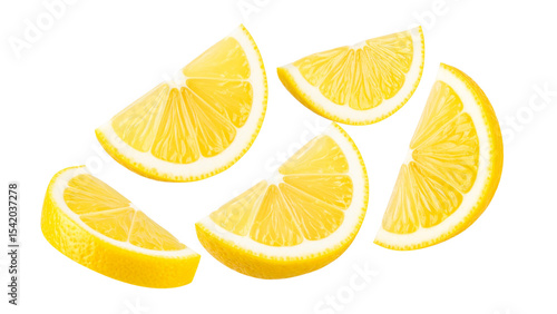 Falling lemon slice, isolated on white background full depth of field