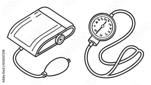 Two sphygmomanometers one with cuff and bulb and one with gauge and tube displayed in black and white