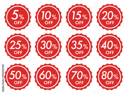 シンプルで使いやすい割引率別セールのオフバッジアイコンセット(クーポン セール 5% 10% 15% 20% 30% 50% 60% 70% 80%OFF ベクター 編集可能)