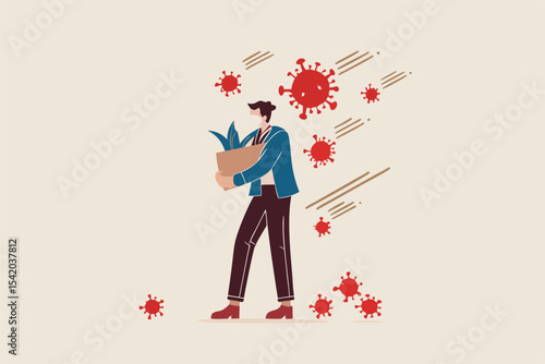 Unemployment, jobless from COVID-19 Coronavirus outbreak, company closed and business shut down and worker being fired, sad businessman carrying thing after being fired, virus pathogens fall on him.