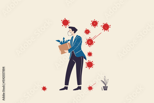 Unemployment, jobless from COVID-19 Coronavirus outbreak, company closed and business shut down and worker being fired, sad businessman carrying thing after being fired, virus pathogens fall on him.