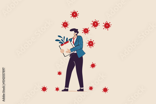 Unemployment, jobless from COVID-19 Coronavirus outbreak, company closed and business shut down and worker being fired, sad businessman carrying thing after being fired, virus pathogens fall on him.