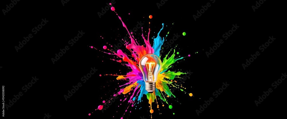 Fototapeta premium A lightbulb explodes in a vibrant paint splash against a black backdrop, whimsical, imagination