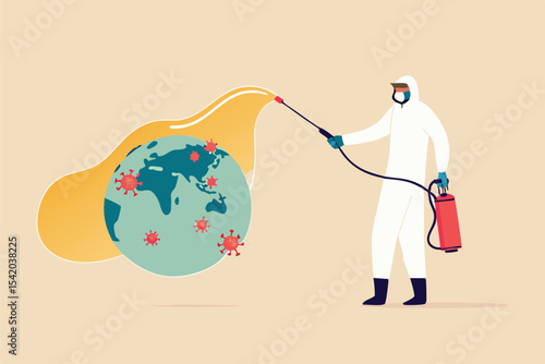 COVID-19 Coronavirus outbreak spreading crisis in the US United States concept, medical worker with full protective gear disinfecting planet earth with America map on it with COVID-19 virus pathogen